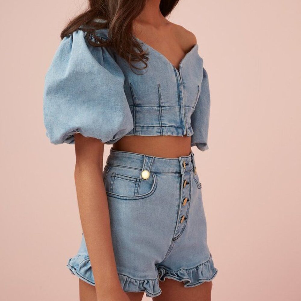 Finders Keepers Denim Corset Top Puff Sleeve Blue Size XL